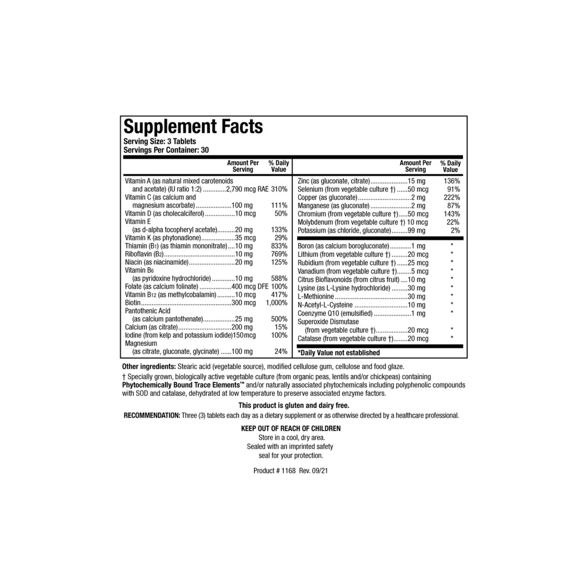 Close up of the Bio Multi Plus Iron Free supplement facts label detailing essential vitamins bioavailable minerals superoxide dismutase and catalase