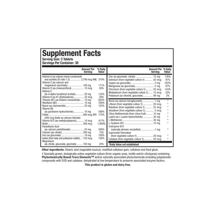 Close up of the Bio Multi Plus supplement facts label detailing essential vitamins bioavailable minerals superoxide dismutase and catalase