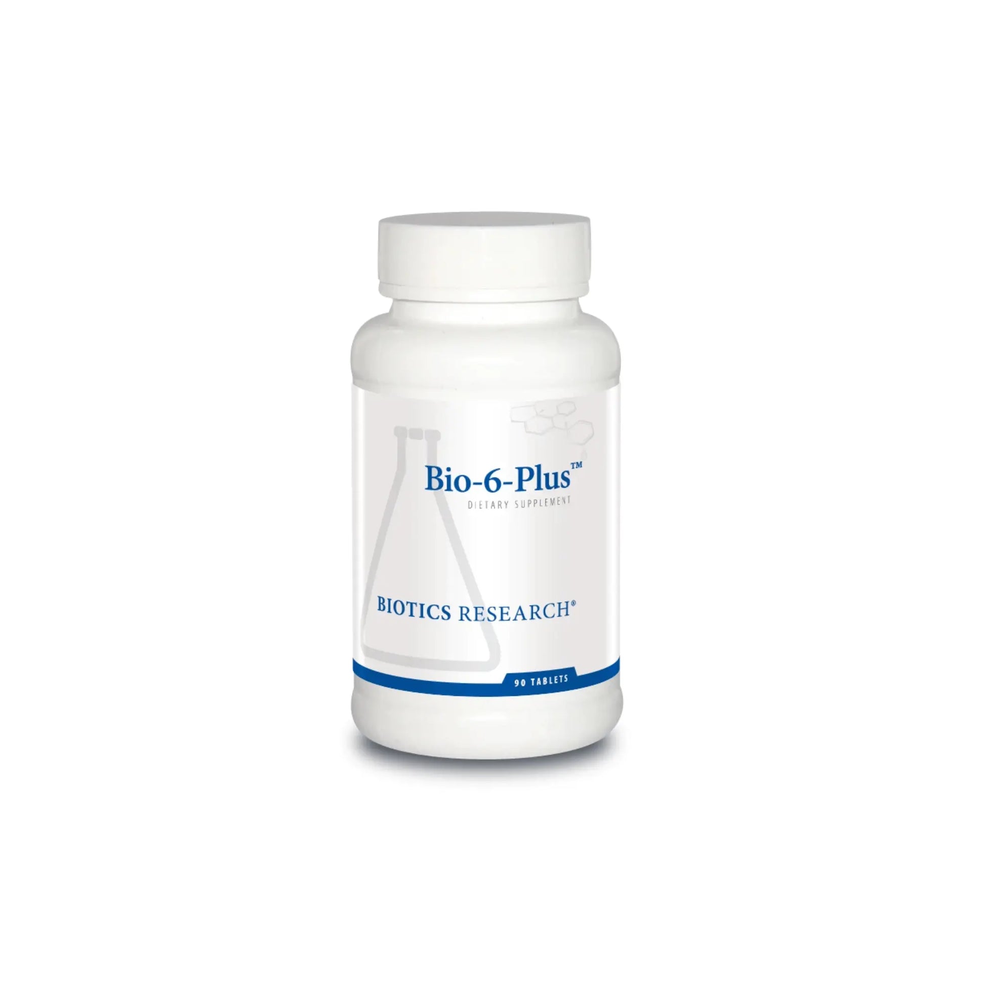 Front view of the Biotics Research Bio 6 Plus bottle highlighting the high potency pancreatic digestive enzyme formula
