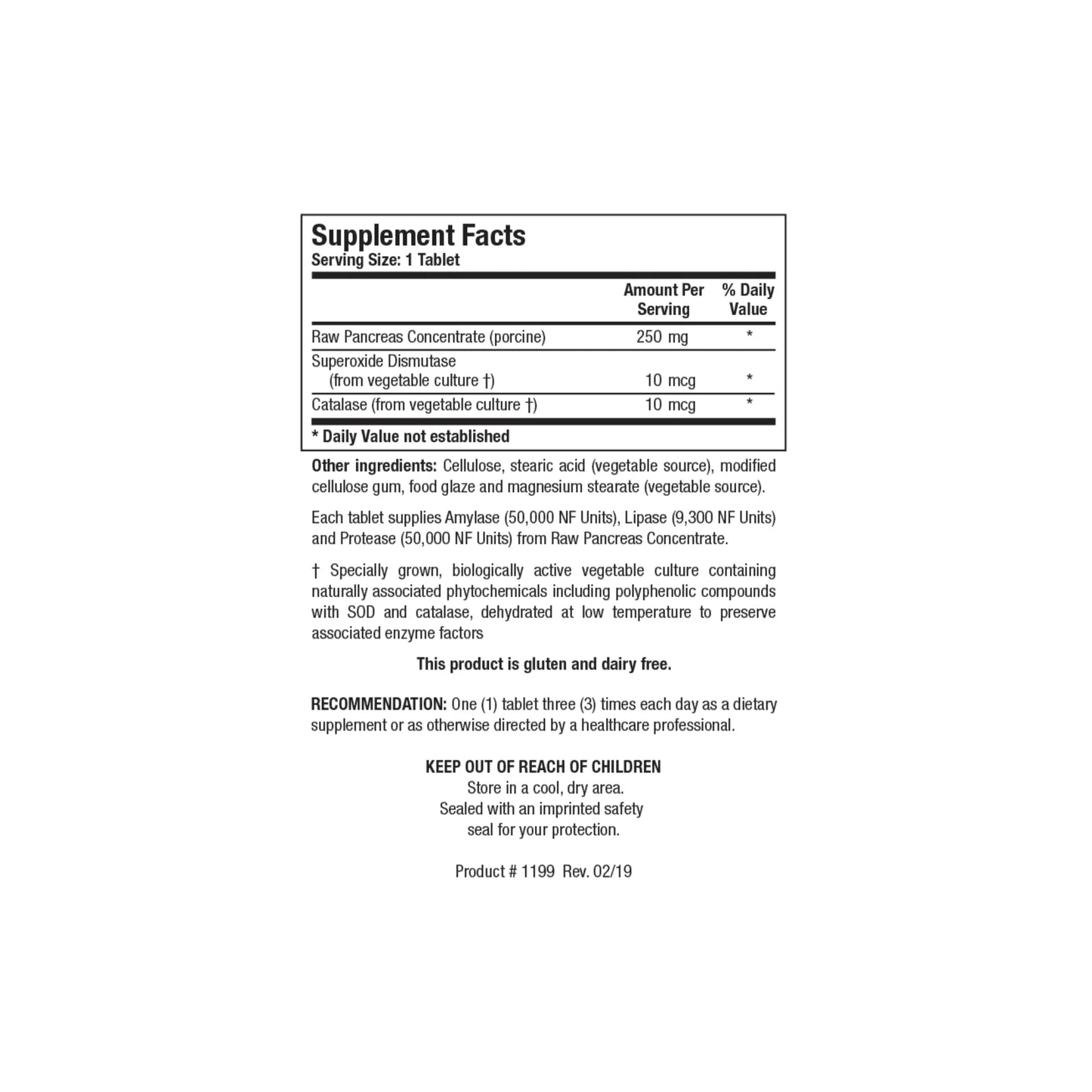 Close up of the Bio 6 Plus supplement facts label detailing the lipase protease amylase and raw organ tissue concentrate per serving