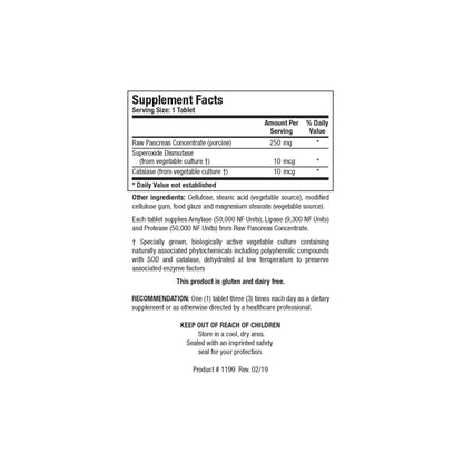 Close up of the Bio 6 Plus supplement facts label detailing the lipase protease amylase and raw organ tissue concentrate per serving