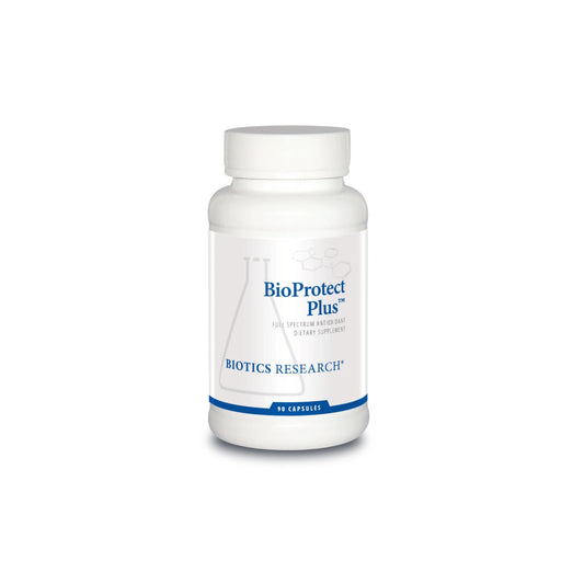 Front view of the Biotics Research BioProtect Plus bottle highlighting the comprehensive antioxidant support formula