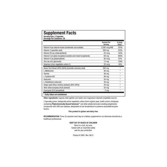 Close up of the BioProtect Plus supplement facts label detailing antioxidant vitamins bioavailable minerals CoQ10 superoxide dismutase and catalase
