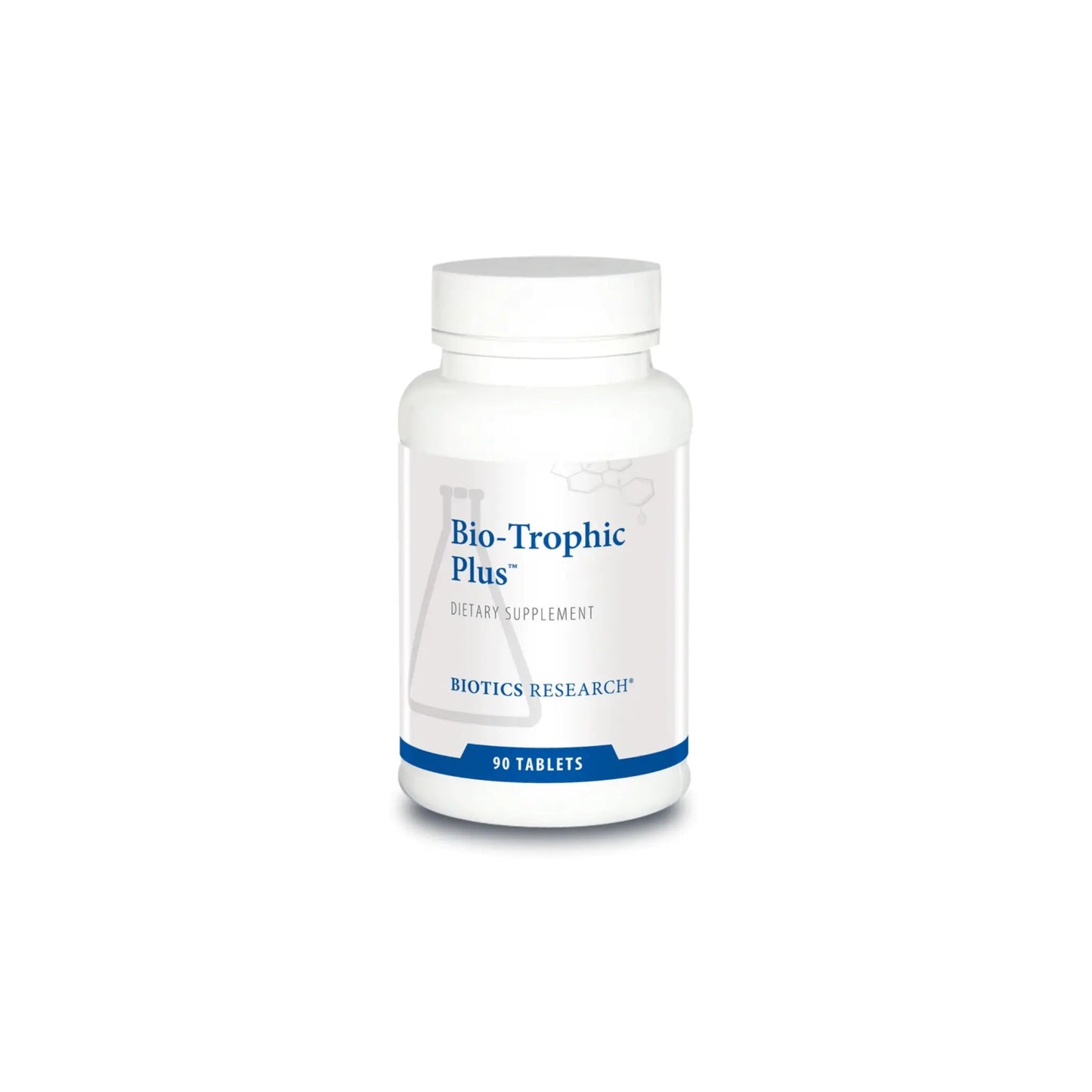 Front view of the Biotics Research Bio Trophic Plus bottle featuring the multi glandular and broad spectrum nutrient formula