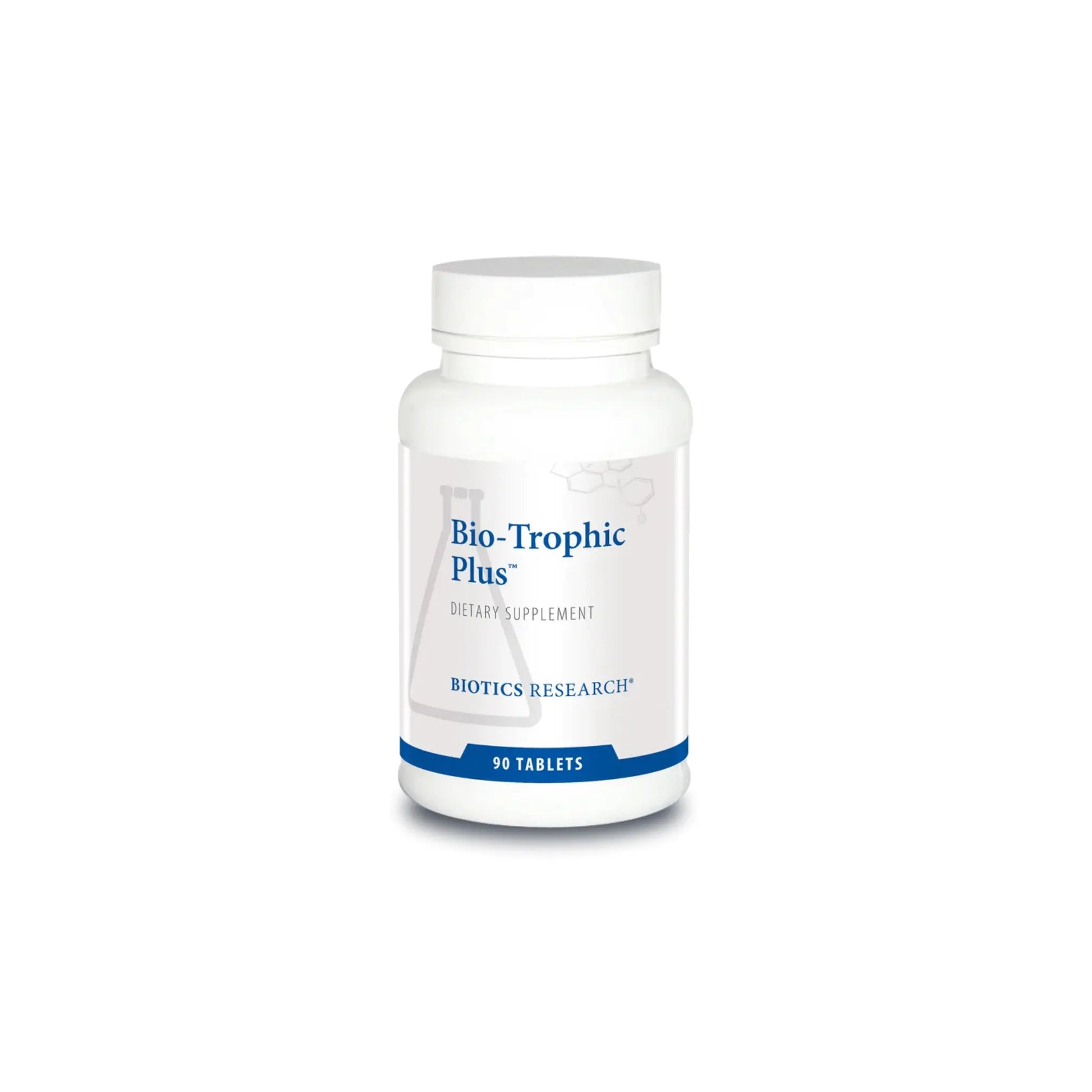 Front view of the Biotics Research Bio Trophic Plus bottle featuring the multi glandular and broad spectrum nutrient formula