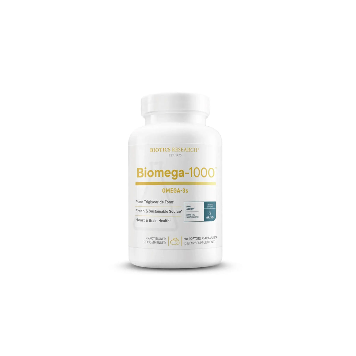 Front view of the Biotics Research BiOmega 1000 bottle showcasing the high potency omega 3 fish oil formula