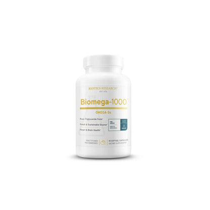 Front view of the Biotics Research BiOmega 1000 bottle showcasing the high potency omega 3 fish oil formula