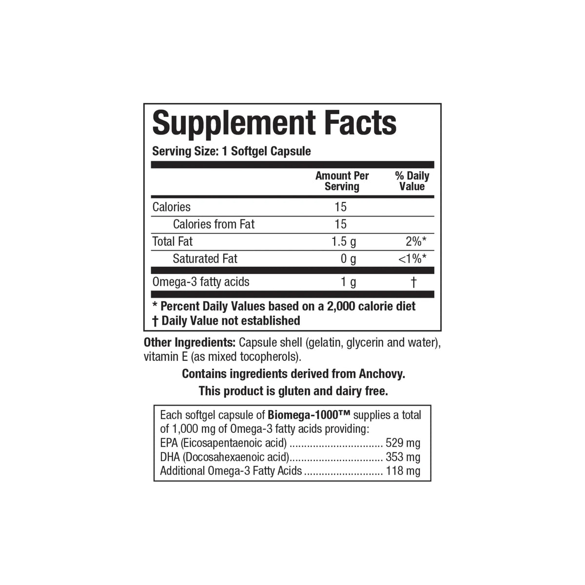 Close up of the BiOmega 1000 supplement facts label detailing one thousand milligrams of concentrated EPA and DHA omega 3 fatty acids per softgel