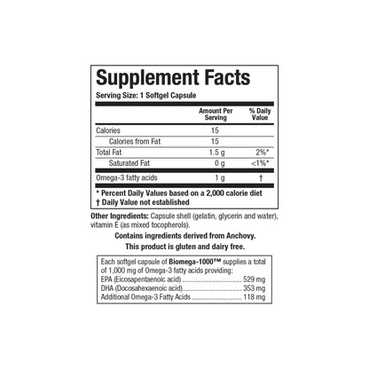 Close up of the BiOmega 1000 supplement facts label detailing one thousand milligrams of concentrated EPA and DHA omega 3 fatty acids per softgel