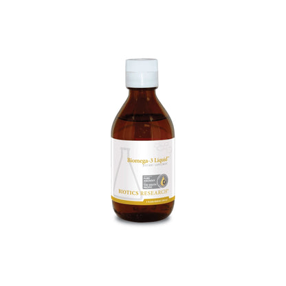 Front view of the Biotics Research BiOmega 3 Liquid bottle highlighting the high potency liquid omega 3 fish oil formula
