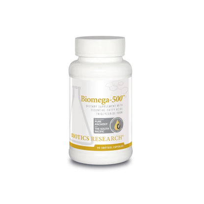 Front view of the Biotics Research Biomega 500 bottle showcasing the essential omega 3 fish oil formula