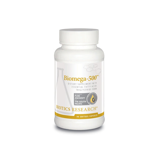 Front view of the Biotics Research Biomega 500 bottle showcasing the essential omega 3 fish oil formula