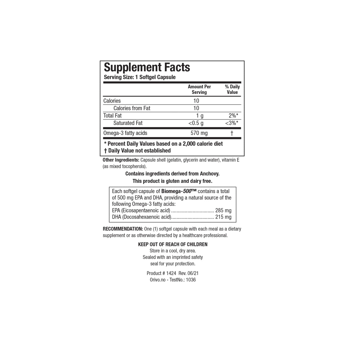 Close up of the Biomega 500 supplement facts label detailing five hundred milligrams of pure EPA and DHA omega 3 fatty acids per softgel