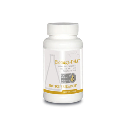 Front view of the Biotics Research Biomega DHA bottle showcasing the high DHA omega 3 fish oil formula