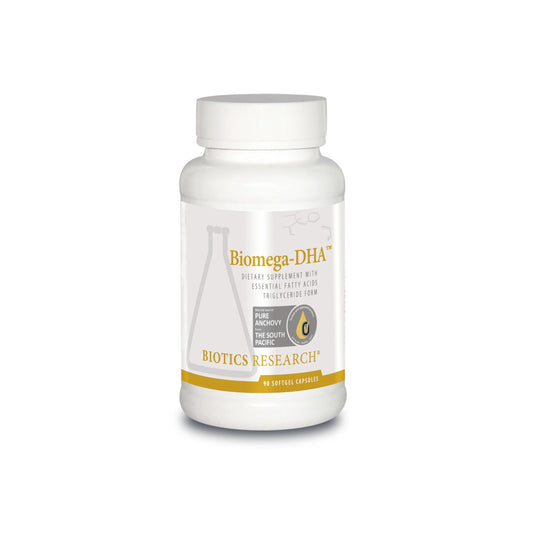 Front view of the Biotics Research Biomega DHA bottle showcasing the high DHA omega 3 fish oil formula