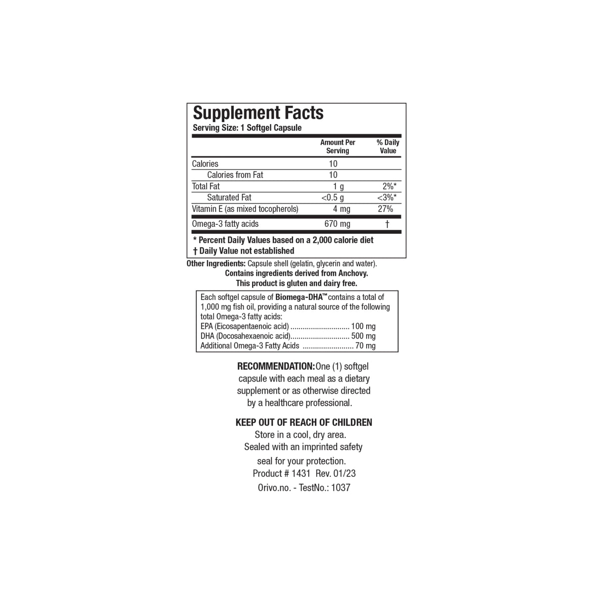 Close up of the Biomega DHA supplement facts label detailing concentrated docosahexaenoic acid content per softgel serving
