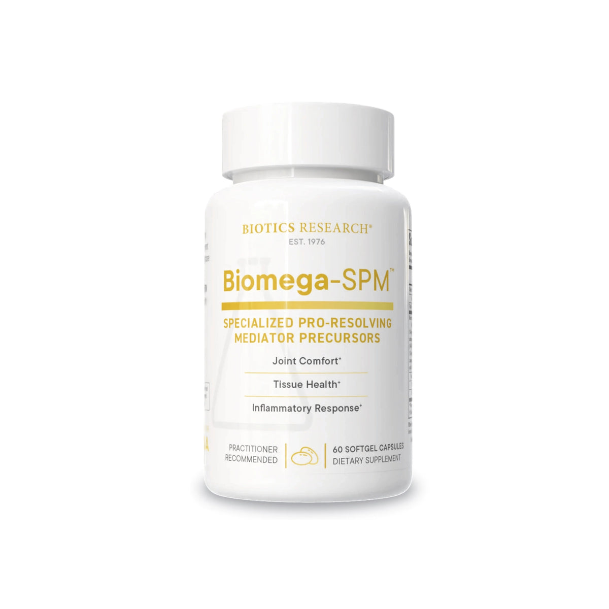 Front view of the Biotics Research Biomega SPM bottle showcasing the specialized pro resolving mediators softgel formula