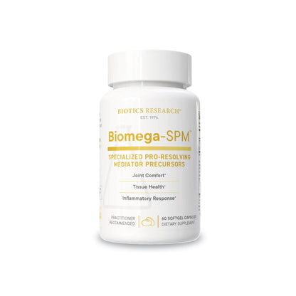 Front view of the Biotics Research Biomega SPM bottle showcasing the specialized pro resolving mediators softgel formula