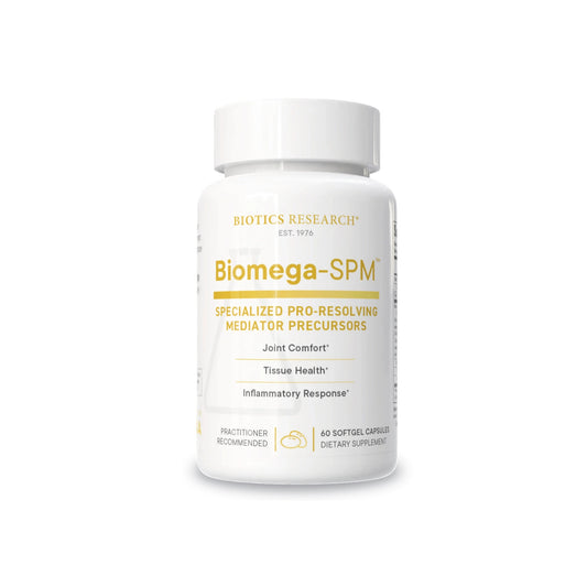 Front view of the Biotics Research Biomega SPM bottle showcasing the specialized pro resolving mediators softgel formula