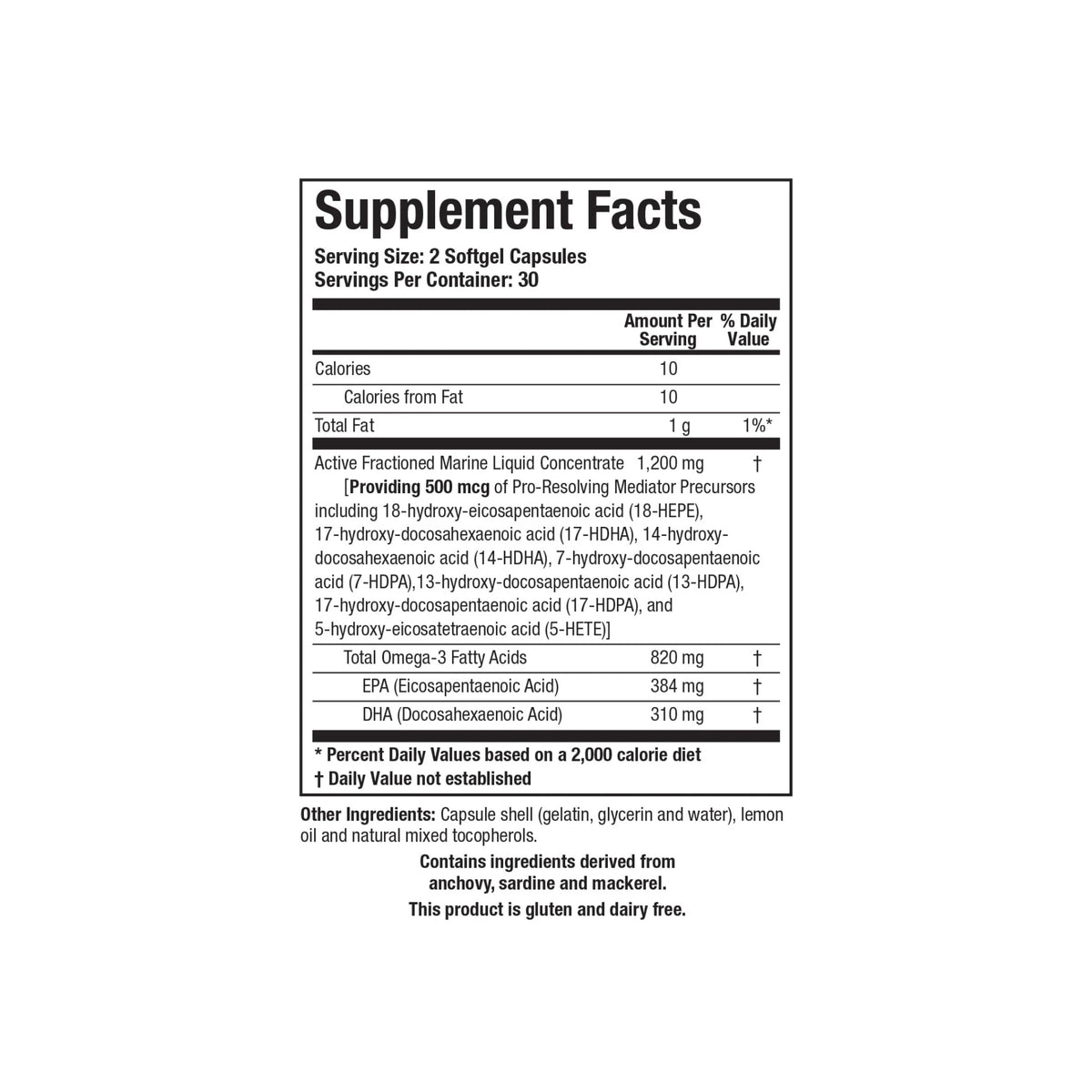 Close up of the Biomega SPM supplement facts label detailing active eighteen HEPE seventeen HDHA and fourteen HDHA lipid mediator levels