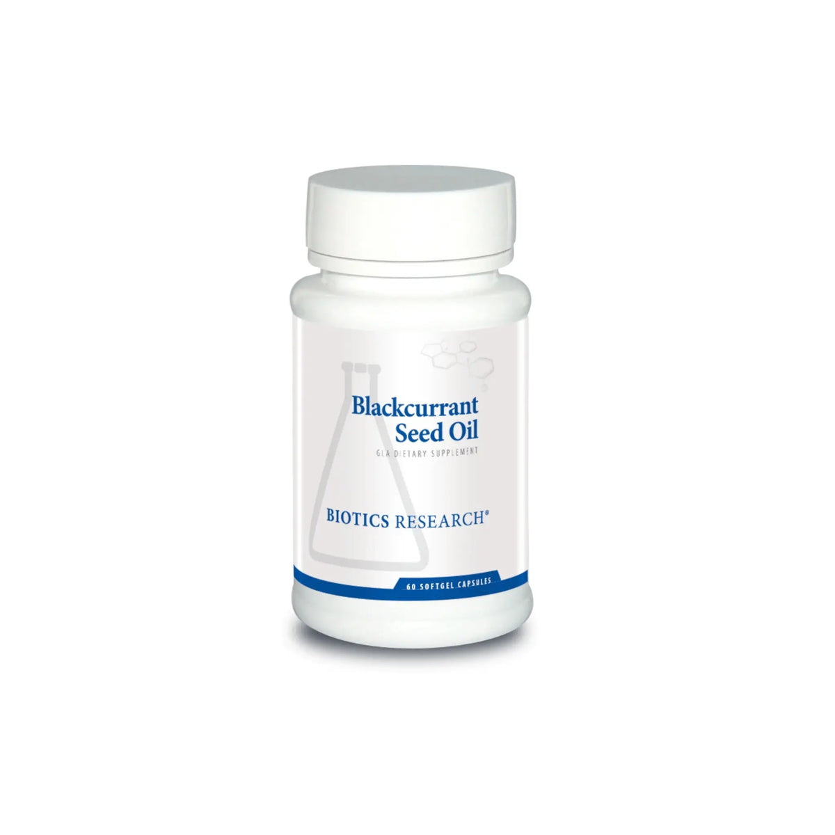 Front view of the Biotics Research Blackcurrant Seed Oil bottle showcasing the rich gamma linolenic acid fatty acid complex