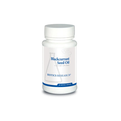 Front view of the Biotics Research Blackcurrant Seed Oil bottle showcasing the rich gamma linolenic acid fatty acid complex