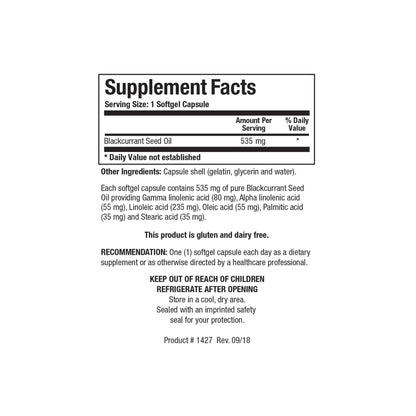 Close up of the Blackcurrant Seed Oil supplement facts label detailing cold pressed blackcurrant seed oil yield of GLA ALA and linoleic acid