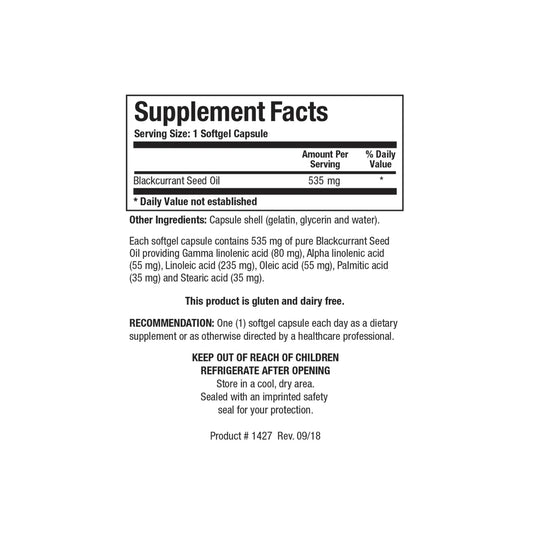 Close up of the Blackcurrant Seed Oil supplement facts label detailing cold pressed blackcurrant seed oil yield of GLA ALA and linoleic acid