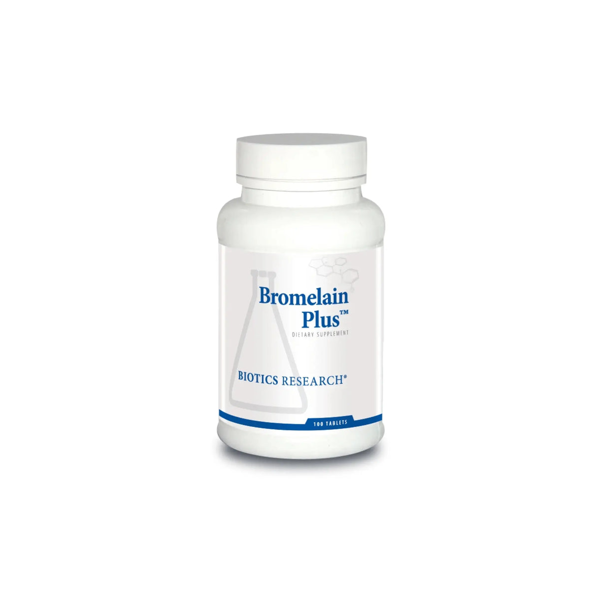 Front view of the Biotics Research Bromelain Plus bottle showcasing the targeted bromelain and systemic enzyme formula