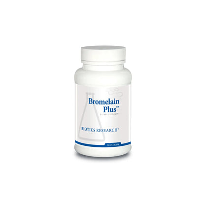 Front view of the Biotics Research Bromelain Plus bottle showcasing the targeted bromelain and systemic enzyme formula
