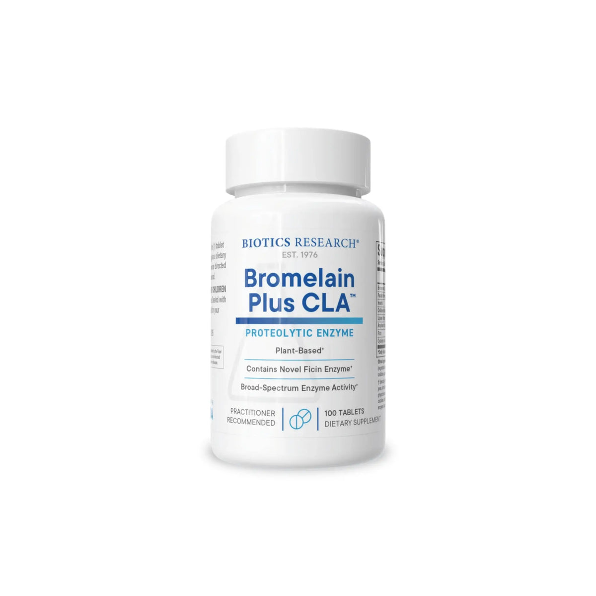 Front view of the Biotics Research Bromelain Plus CLA bottle showcasing the high potency proteolytic digestive enzyme complex