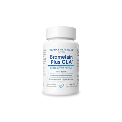Front view of the Biotics Research Bromelain Plus CLA bottle showcasing the high potency proteolytic digestive enzyme complex