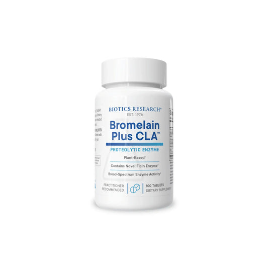 Front view of the Biotics Research Bromelain Plus CLA bottle showcasing the high potency proteolytic digestive enzyme complex