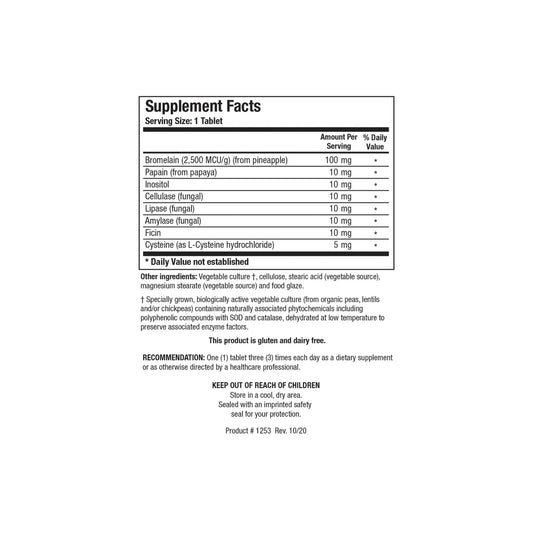 Close up of the Bromelain Plus CLA supplement facts label detailing active bromelain units cellulase lipase amylase and supporting factors