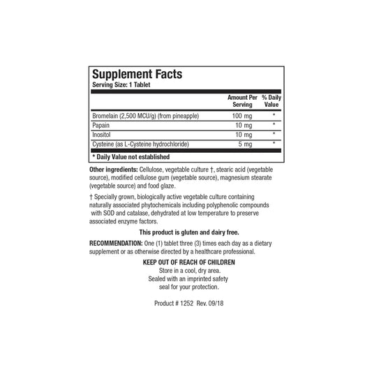 Close up of the Bromelain Plus supplement facts label detailing active bromelain activity units and complementary digestive factors