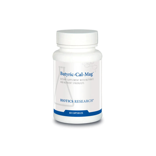 Front view of the Biotics Research Butyric Cal Mag bottle showcasing the buffered short chain fatty acid formula