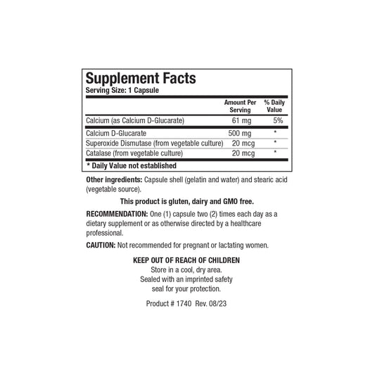 Close up of the Ca D Glucarate supplement facts label detailing calcium d glucarate dosage per capsule serving