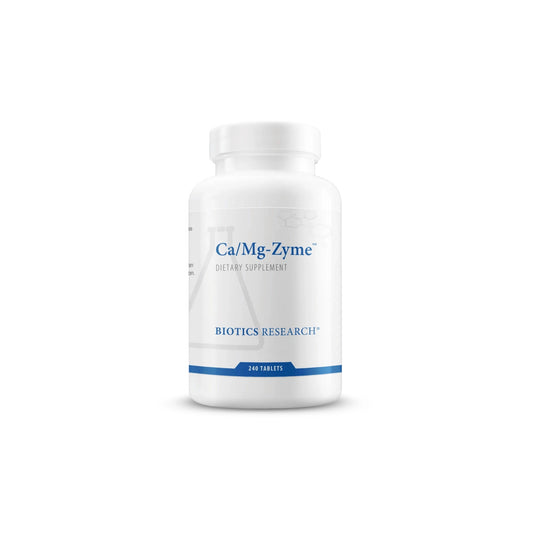 Front view of the Biotics Research Ca Mg Zyme bottle highlighting the balanced calcium and magnesium mineral formula
