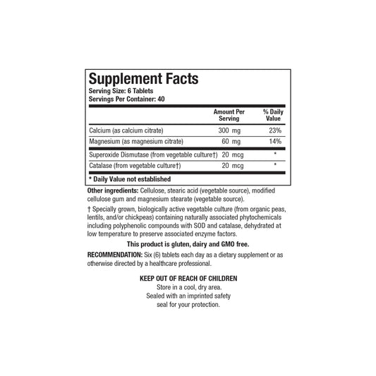 Close up of the Ca Mg Zyme supplement facts label detailing elemental calcium and magnesium ratios per tablet serving