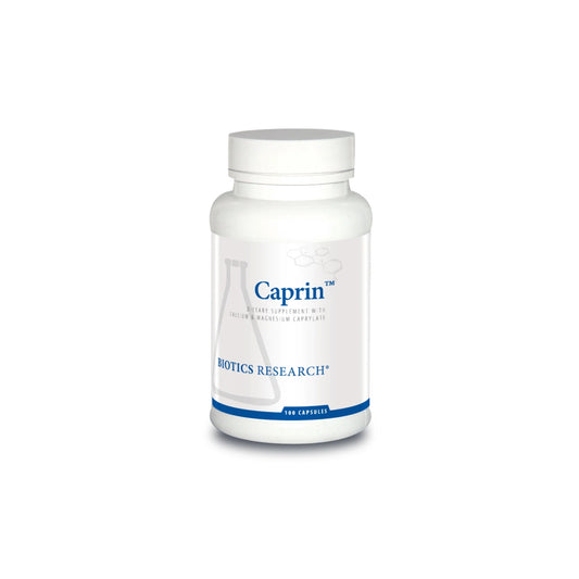 Front view of the Biotics Research Caprin bottle showcasing the targeted caprylic acid complex formula