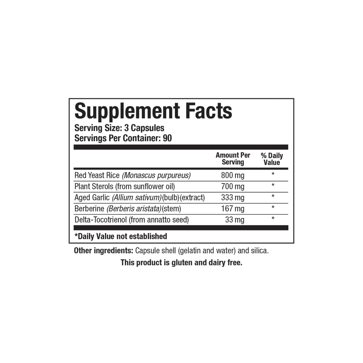 Close up of the Cardio Lipid supplement facts label detailing red yeast rice plant sterols aged garlic extract berberine and delta tocotrienol amounts