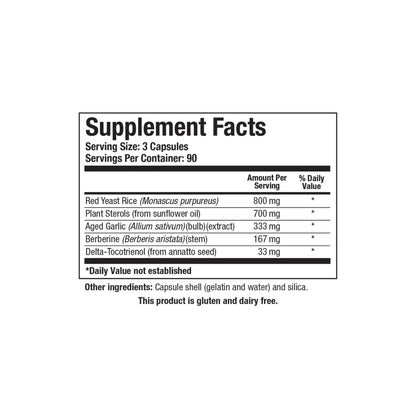 Close up of the Cardio Lipid supplement facts label detailing red yeast rice plant sterols aged garlic extract berberine and delta tocotrienol amounts
