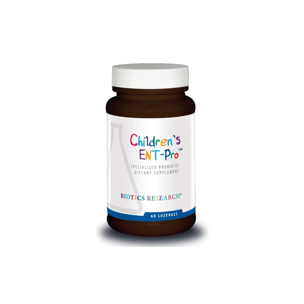 Front view of the Biotics Research Childrens ENT Pro bottle showcasing the pediatric upper respiratory and ear nose throat probiotic formula