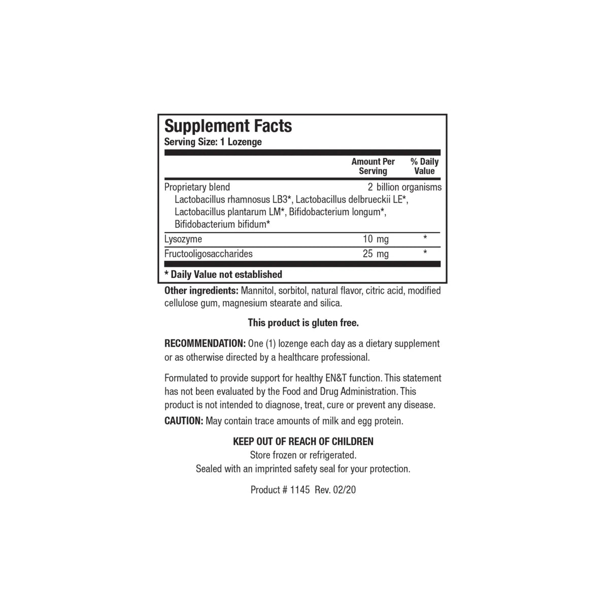 Close up of the Childrens ENT Pro supplement facts label detailing specialized oral probiotic strains and natural flavor ingredients