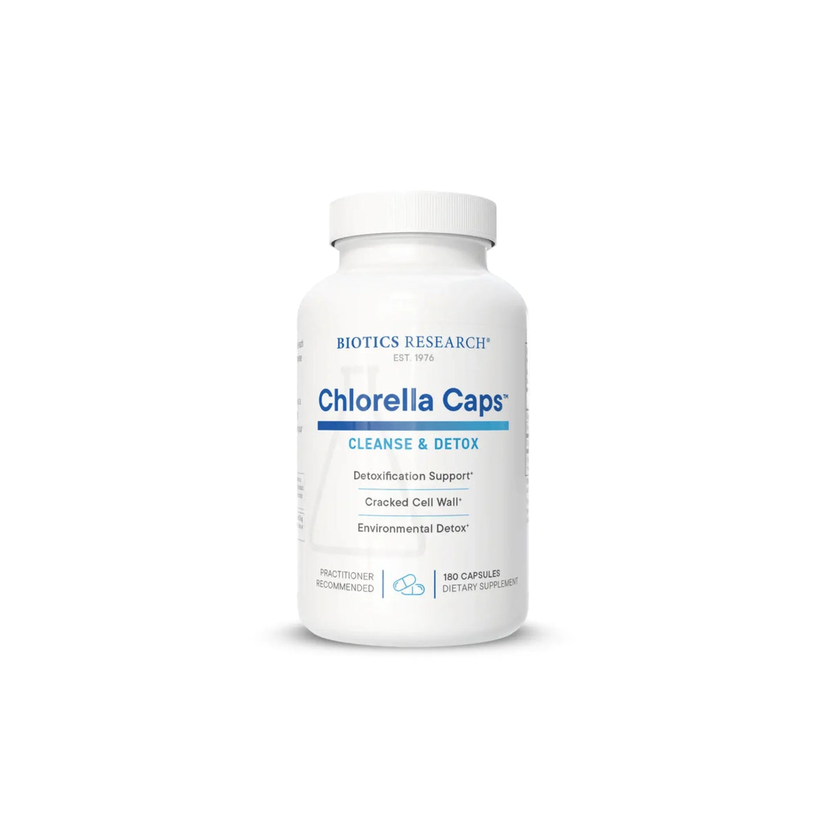 Front view of the Biotics Research Chlorella Caps bottle highlighting the nutrient dense freshwater microalgae formula