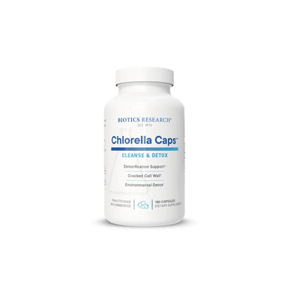 Front view of the Biotics Research Chlorella Caps bottle highlighting the nutrient dense freshwater microalgae formula