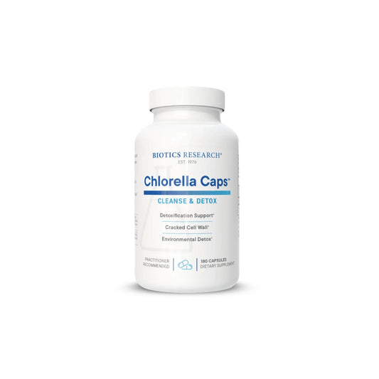 Front view of the Biotics Research Chlorella Caps bottle highlighting the nutrient dense freshwater microalgae formula