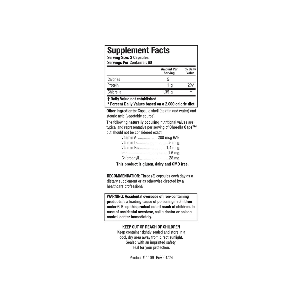 Close up of the Chlorella Caps supplement facts label detailing pure chlorella biomass naturally yielding chlorophyll and micronutrients