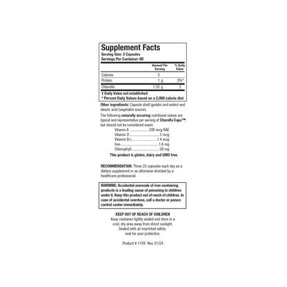 Close up of the Chlorella Caps supplement facts label detailing pure chlorella biomass naturally yielding chlorophyll and micronutrients