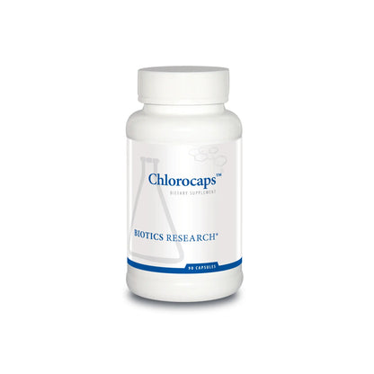 Front view of the Biotics Research Chlorocaps bottle showcasing the fat soluble chlorophyllin complex formula